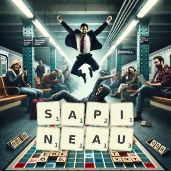 Illustration créative d'un jeu de lettres avec le mot SAPINEAU épelé sur le plateau.