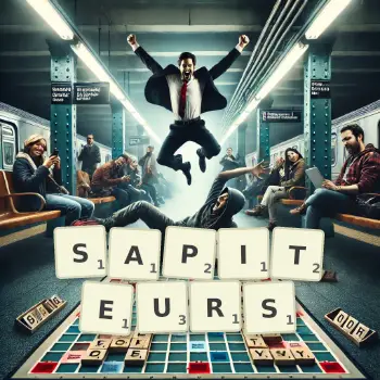 Illustration créative d'un jeu de lettres avec le mot SAPITEURS épelé sur le plateau.