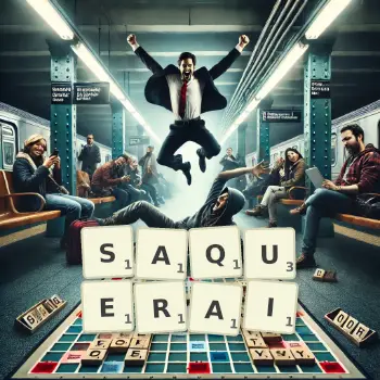 Illustration créative d'un jeu de lettres avec le mot SAQUERAI épelé sur le plateau.