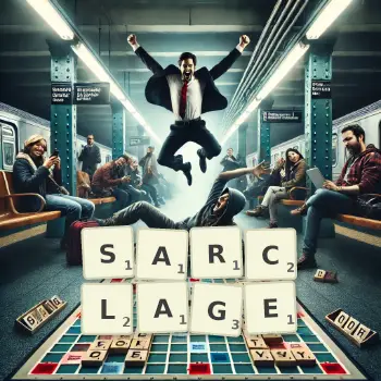 Illustration créative d'un jeu de lettres avec le mot SARCLAGE épelé sur le plateau.