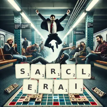 Illustration créative d'un jeu de lettres avec le mot SARCLERAI épelé sur le plateau.