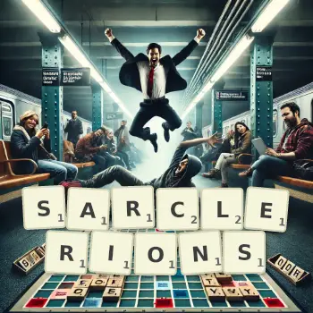 Illustration créative d'un jeu de lettres avec le mot SARCLERIONS épelé sur le plateau.