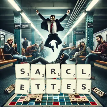 Illustration créative d'un jeu de lettres avec le mot SARCLETTES épelé sur le plateau.
