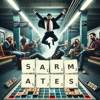 Illustration créative d'un jeu de lettres avec le mot SARMATES épelé sur le plateau.