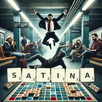 Illustration créative d'un jeu de lettres avec le mot SATINA épelé sur le plateau.