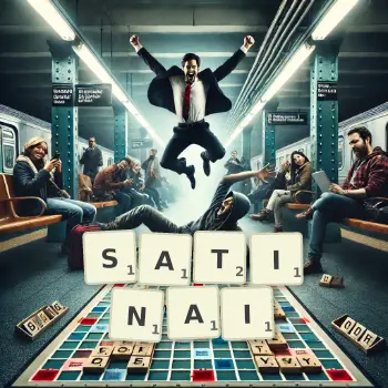 Illustration créative d'un jeu de lettres avec le mot SATINAI épelé sur le plateau.