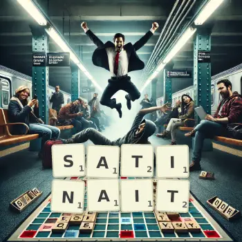 Illustration créative d'un jeu de lettres avec le mot SATINAIT épelé sur le plateau.