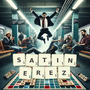 Illustration créative d'un jeu de lettres avec le mot SATINEREZ épelé sur le plateau.