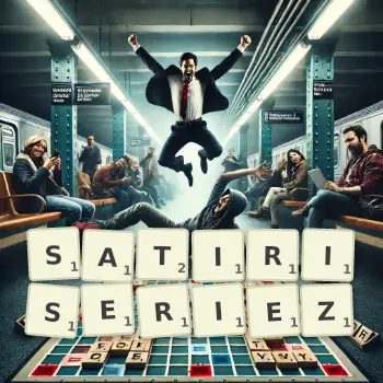 Illustration créative d'un jeu de lettres avec le mot SATIRISERIEZ épelé sur le plateau.