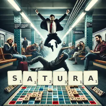Illustration créative d'un jeu de lettres avec le mot SATURA épelé sur le plateau.