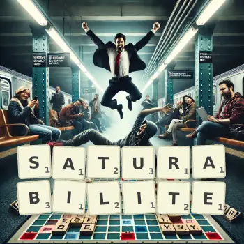 Illustration créative d'un jeu de lettres avec le mot SATURABILITE épelé sur le plateau.