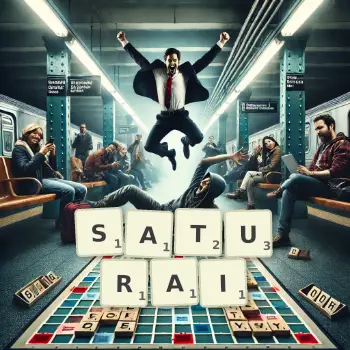 Illustration créative d'un jeu de lettres avec le mot SATURAI épelé sur le plateau.