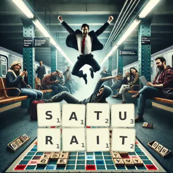 Illustration créative d'un jeu de lettres avec le mot SATURAIT épelé sur le plateau.