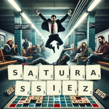 Illustration créative d'un jeu de lettres avec le mot SATURASSIEZ épelé sur le plateau.