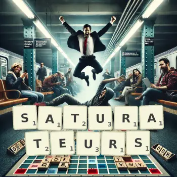 Illustration créative d'un jeu de lettres avec le mot SATURATEURS épelé sur le plateau.