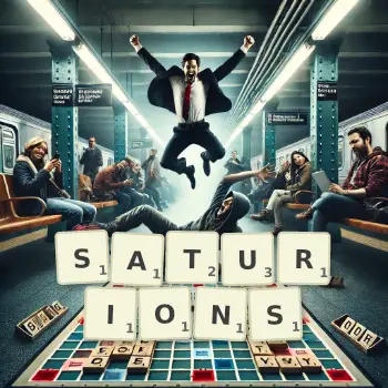 Illustration créative d'un jeu de lettres avec le mot SATURIONS épelé sur le plateau.