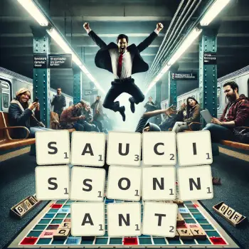 Illustration créative d'un jeu de lettres avec le mot SAUCISSONNANT épelé sur le plateau.