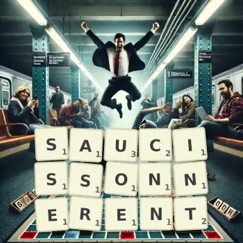 Illustration créative d'un jeu de lettres avec le mot SAUCISSONNERENT épelé sur le plateau.