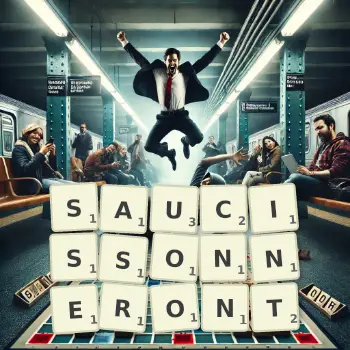 Illustration créative d'un jeu de lettres avec le mot SAUCISSONNERONT épelé sur le plateau.