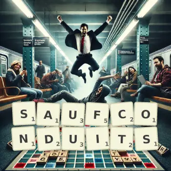 Illustration créative d'un jeu de lettres avec le mot SAUFCONDUITS épelé sur le plateau.