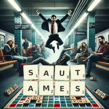 Illustration créative d'un jeu de lettres avec le mot SAUTAMES épelé sur le plateau.