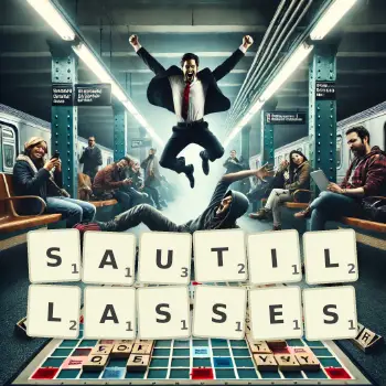 Illustration créative d'un jeu de lettres avec le mot SAUTILLASSES épelé sur le plateau.