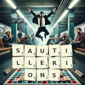 Illustration créative d'un jeu de lettres avec le mot SAUTILLERIONS épelé sur le plateau.