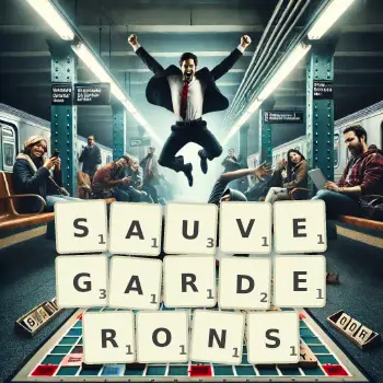 Illustration créative d'un jeu de lettres avec le mot SAUVEGARDERONS épelé sur le plateau.