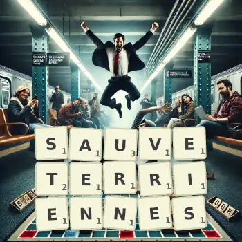 Illustration créative d'un jeu de lettres avec le mot SAUVETERRIENNES épelé sur le plateau.