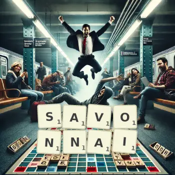 Illustration créative d'un jeu de lettres avec le mot SAVONNAI épelé sur le plateau.