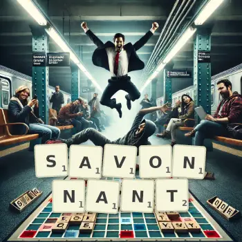 Illustration créative d'un jeu de lettres avec le mot SAVONNANT épelé sur le plateau.