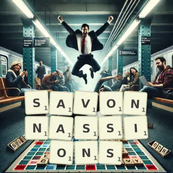 Illustration créative d'un jeu de lettres avec le mot SAVONNASSIONS épelé sur le plateau.