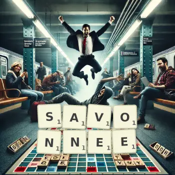 Illustration créative d'un jeu de lettres avec le mot SAVONNEE épelé sur le plateau.