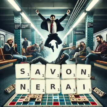 Illustration créative d'un jeu de lettres avec le mot SAVONNERAI épelé sur le plateau.