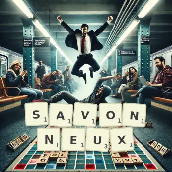 Illustration créative d'un jeu de lettres avec le mot SAVONNEUX épelé sur le plateau.