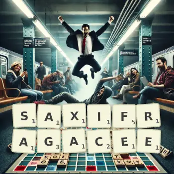 Illustration créative d'un jeu de lettres avec le mot SAXIFRAGACEE épelé sur le plateau.