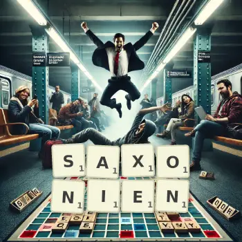 Illustration créative d'un jeu de lettres avec le mot SAXONIEN épelé sur le plateau.