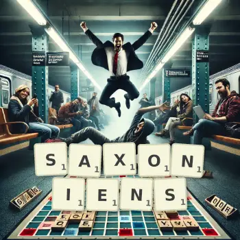 Illustration créative d'un jeu de lettres avec le mot SAXONIENS épelé sur le plateau.