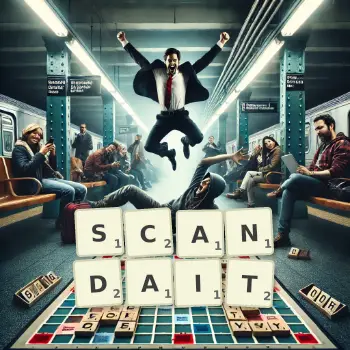 Illustration créative d'un jeu de lettres avec le mot SCANDAIT épelé sur le plateau.