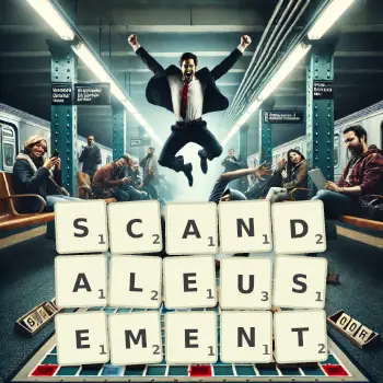 Illustration créative d'un jeu de lettres avec le mot SCANDALEUSEMENT épelé sur le plateau.