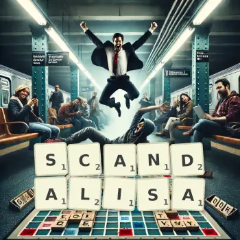 Illustration créative d'un jeu de lettres avec le mot SCANDALISA épelé sur le plateau.