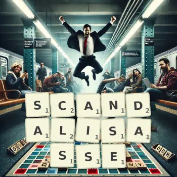 Illustration créative d'un jeu de lettres avec le mot SCANDALISASSE épelé sur le plateau.