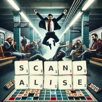 Illustration créative d'un jeu de lettres avec le mot SCANDALISE épelé sur le plateau.