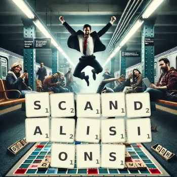 Illustration créative d'un jeu de lettres avec le mot SCANDALISIONS épelé sur le plateau.