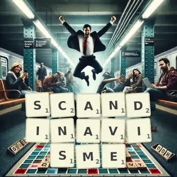 Illustration créative d'un jeu de lettres avec le mot SCANDINAVISME épelé sur le plateau.