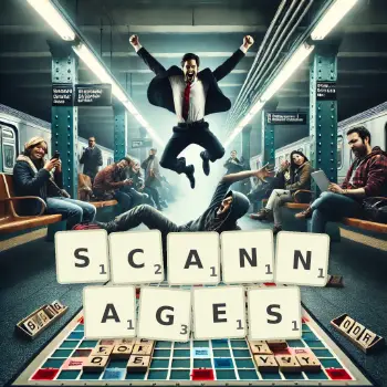 Illustration créative d'un jeu de lettres avec le mot SCANNAGES épelé sur le plateau.