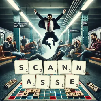 Illustration créative d'un jeu de lettres avec le mot SCANNASSE épelé sur le plateau.
