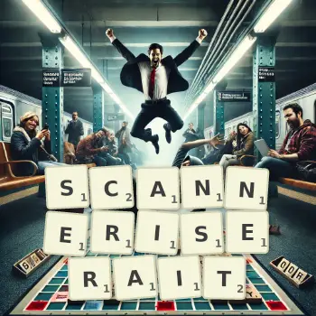 Illustration créative d'un jeu de lettres avec le mot SCANNERISERAIT épelé sur le plateau.