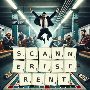 Illustration créative d'un jeu de lettres avec le mot SCANNERISERENT épelé sur le plateau.