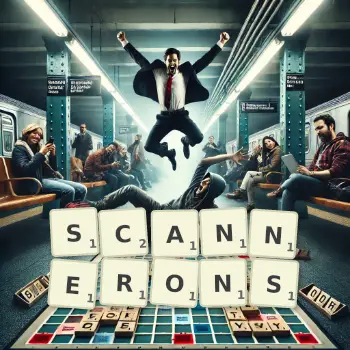 Illustration créative d'un jeu de lettres avec le mot SCANNERONS épelé sur le plateau.